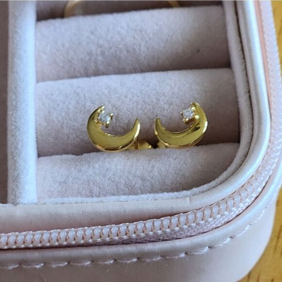 Tiny Crescent Moon Earrings With CZ 925 Silver - Picture 2 of 5